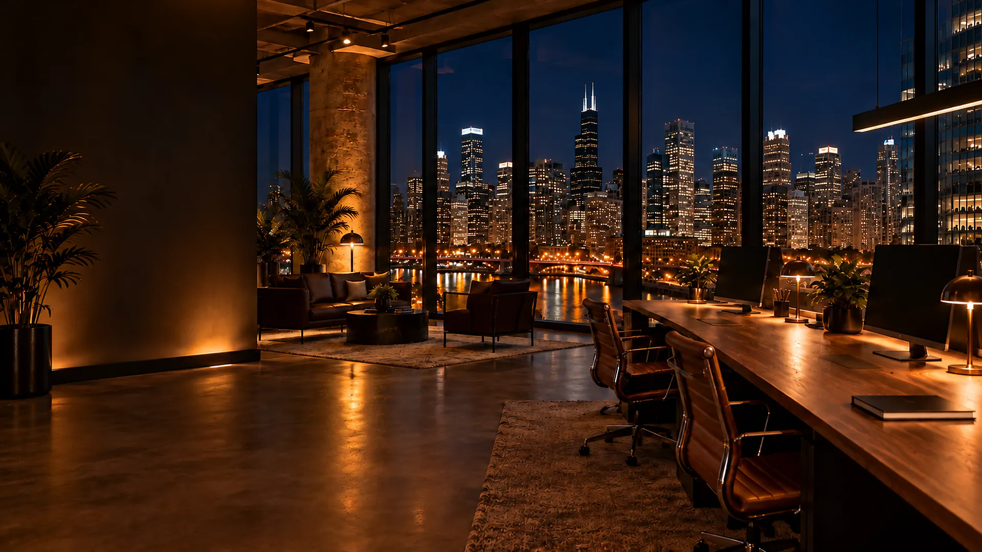 Kontakt: StronyChicago.com, studio web design z widokiem na downtown Chicago nocą