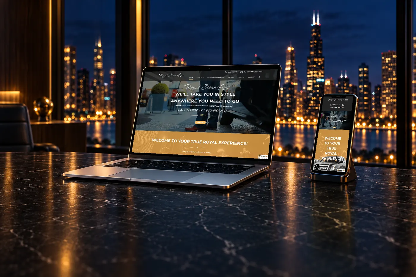 Strona Royal Stone Limo na laptopie i telefonie, realizacja Strony Chicago