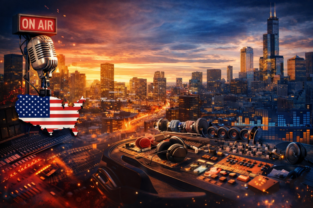 Reklama w radiu Chicago, New York i Florida – studio radiowe z mikrofonem, konsoletą audio i panoramą Chicago, promocja 6 kanałów 24/7 w USA