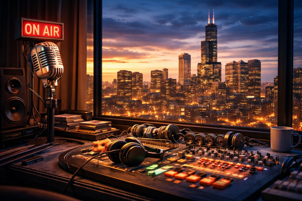 Studio radia online w Chicago z widokiem na Willis Tower, reklama w radiu Chicago New York New Jersey Florida Miami Tampa USA, marketing internetowy, strony internetowe, SEO i pozycjonowanie